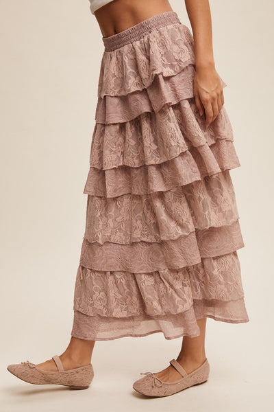 Lace Tiered Maxi Skirt - Light Mocha