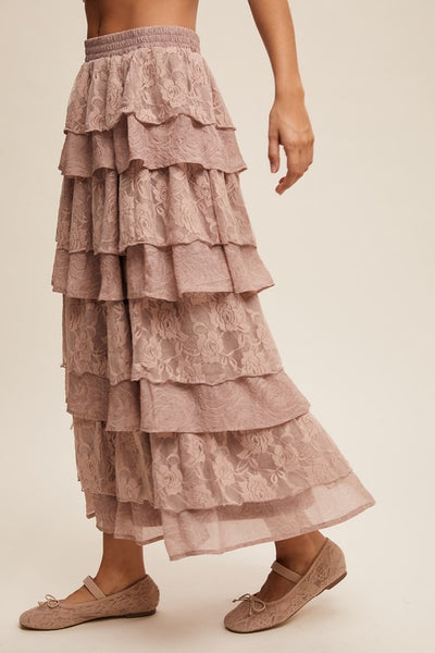 Lace Tiered Maxi Skirt - Light Mocha