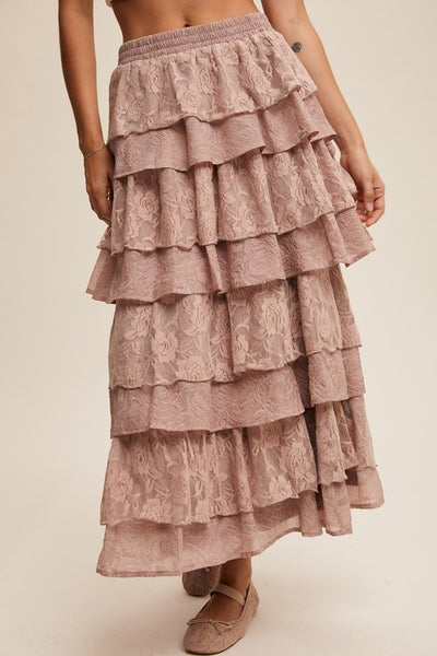 Lace Tiered Maxi Skirt - Light Mocha