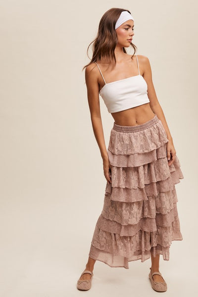Lace Tiered Maxi Skirt - Light Mocha