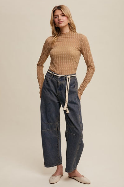 Sheer Textured Lace Long-sleeve Top