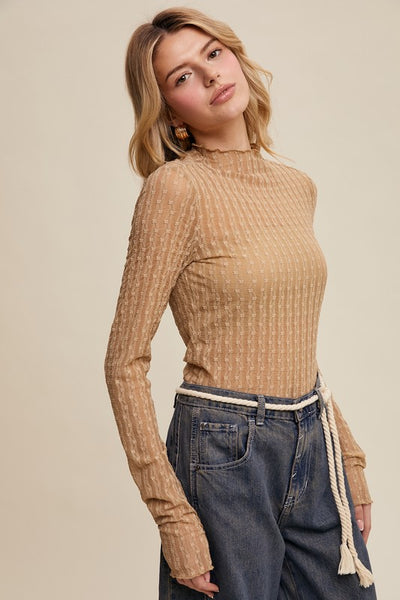 Sheer Textured Lace Long-sleeve Top