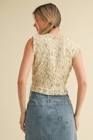 Canary Floral Smocked Ruffle Tie Front Top