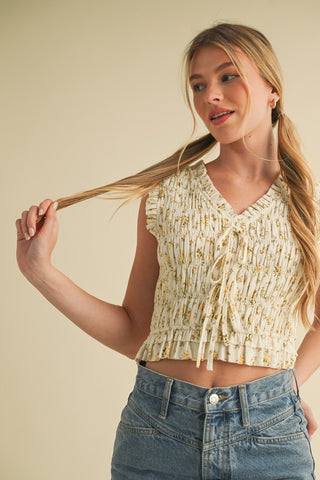 Canary Floral Smocked Ruffle Tie Front Top