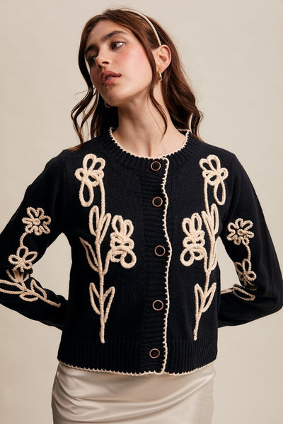 Embroidered Floral Cardigan - Black
