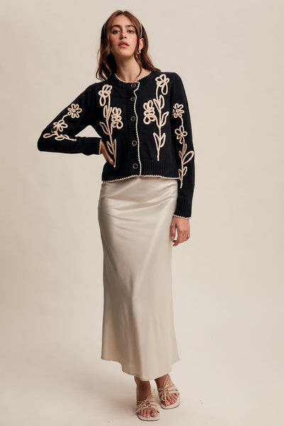 Embroidered Floral Cardigan - Black