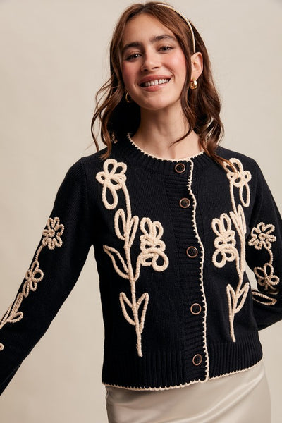 Embroidered Floral Cardigan - Black