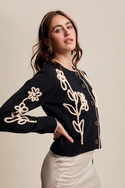 Embroidered Floral Cardigan - Black