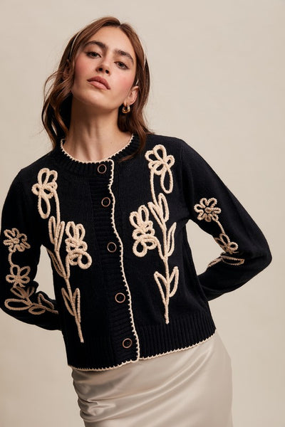Embroidered Floral Cardigan - Black