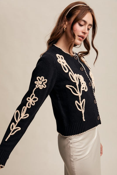 Embroidered Floral Cardigan - Black