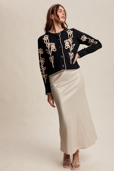 Embroidered Floral Cardigan - Black