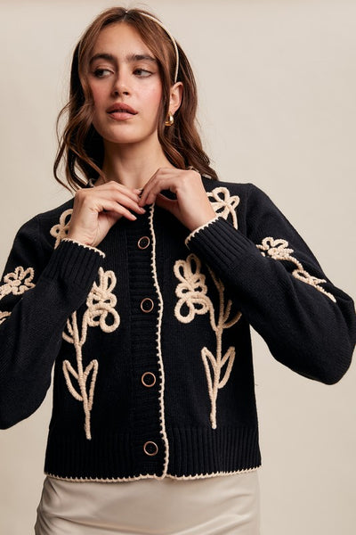 Embroidered Floral Cardigan - Black