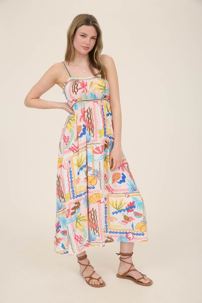Tropical Print Braid Midi Dress Medium Tropical Print Braid Midi Dress Medium