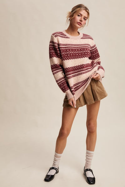 Fair Isle Bow Knit Sweater - Cranberry
