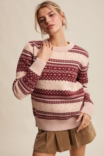 Fair Isle Bow Knit Sweater - Cranberry