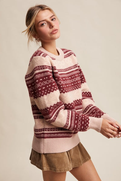 Fair Isle Bow Knit Sweater - Cranberry
