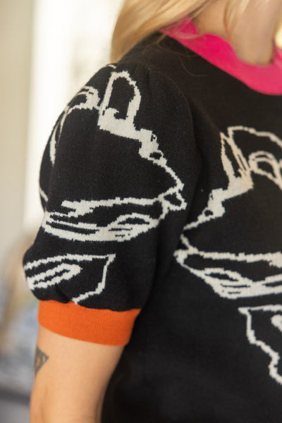 Color Block Ribbed Band Floral Knit Top