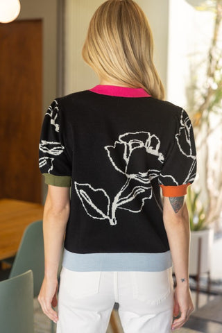 Color Block Ribbed Band Floral Knit Top
