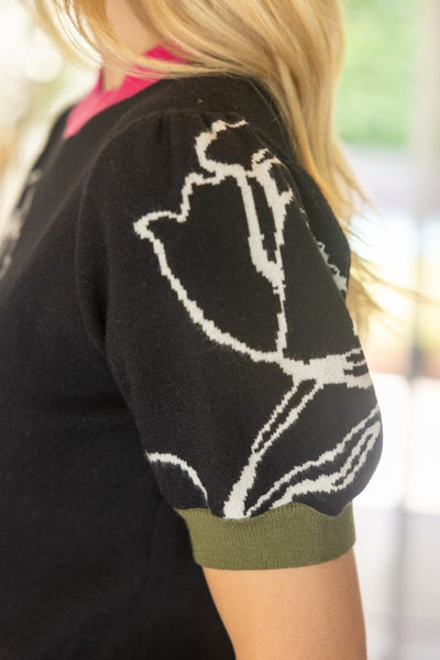 Color Block Ribbed Band Floral Knit Top
