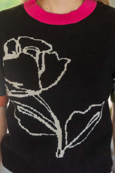 Color Block Ribbed Band Floral Knit Top