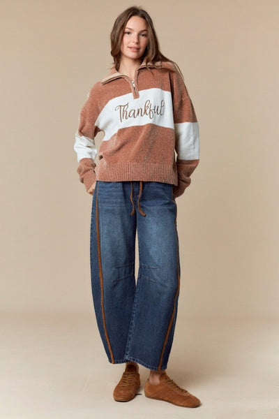 Mocha Thankful Embroidered Sweater