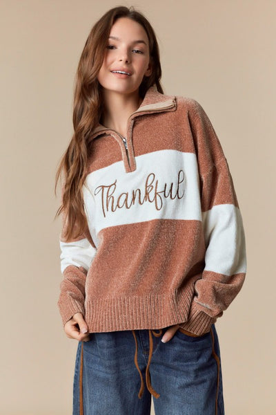 Mocha Thankful Embroidered Sweater