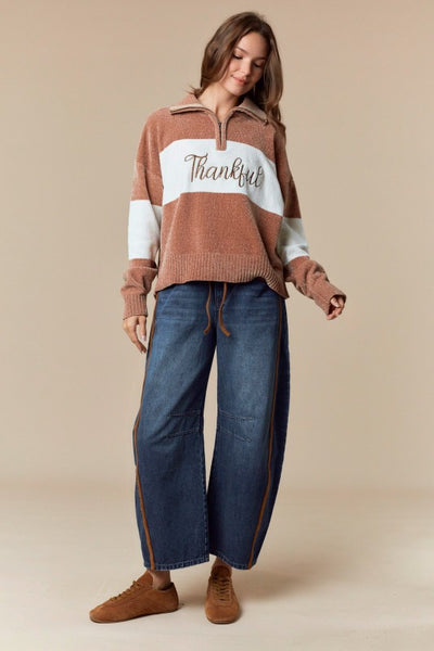 Mocha Thankful Embroidered Sweater