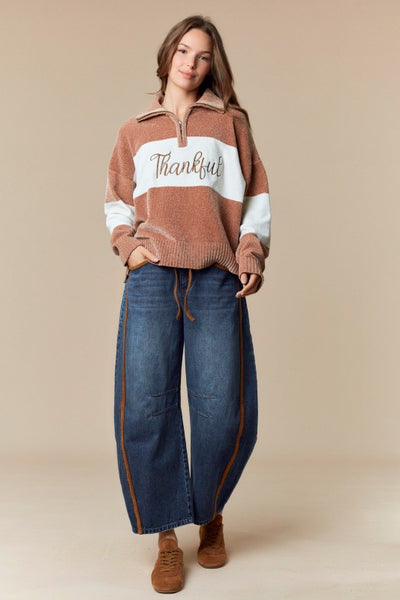 Mocha Thankful Embroidered Sweater