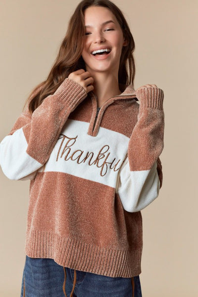 Mocha Thankful Embroidered Sweater