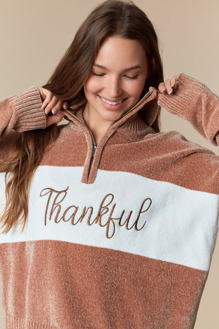 Mocha Thankful Embroidered Sweater