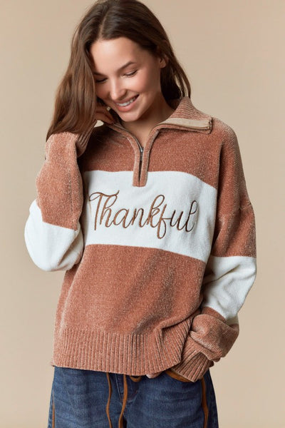 Mocha Thankful Embroidered Sweater