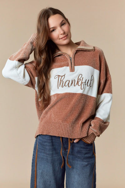 Mocha Thankful Embroidered Sweater