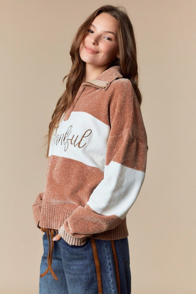Mocha Thankful Embroidered Sweater