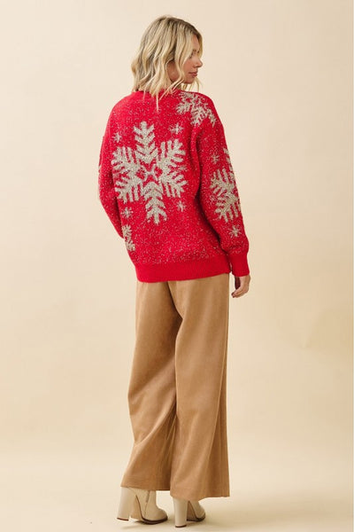 Red Metallic Snowflake Sweater