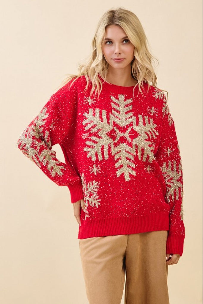 Red Metallic Snowflake Sweater