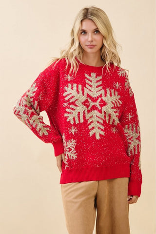 Red Metallic Snowflake Sweater