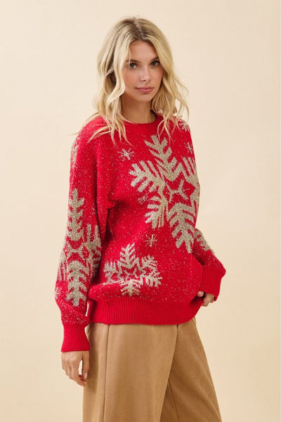 Red Metallic Snowflake Sweater