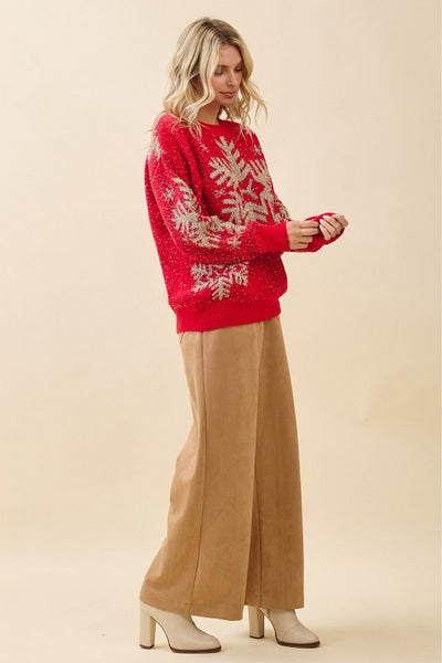 Red Metallic Snowflake Sweater