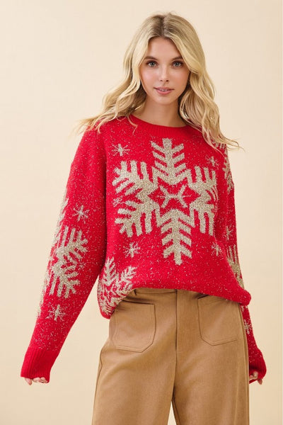 Red Metallic Snowflake Sweater