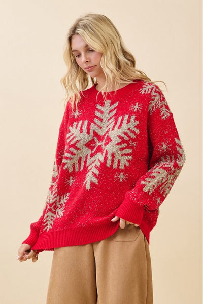 Red Metallic Snowflake Sweater