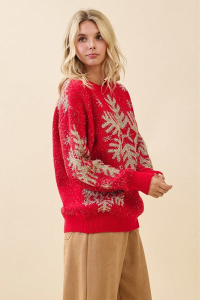 Red Metallic Snowflake Sweater