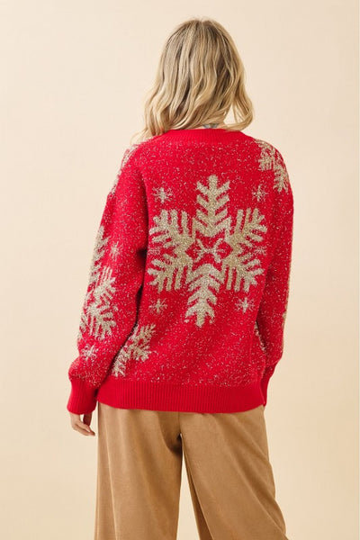 Red Metallic Snowflake Sweater