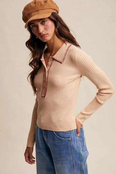 Contrast Stitch Ribbed Knit Top