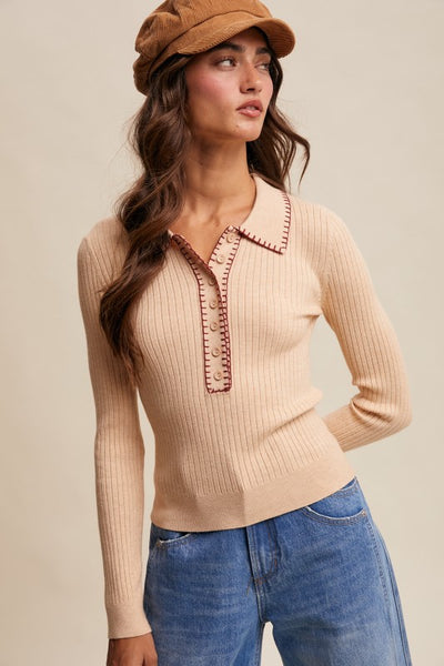 Contrast Stitch Ribbed Knit Top