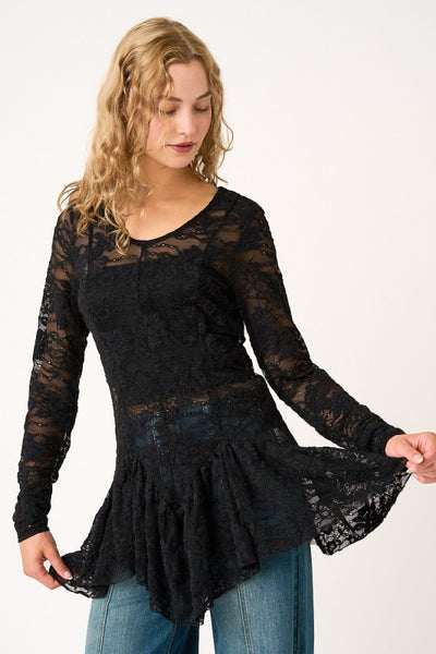 Ruffle Hem Sheer Lace Layering Top - Black