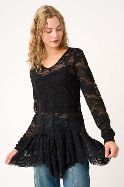 Ruffle Hem Sheer Lace Layering Top - Black