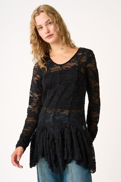 Ruffle Hem Sheer Lace Layering Top - Black