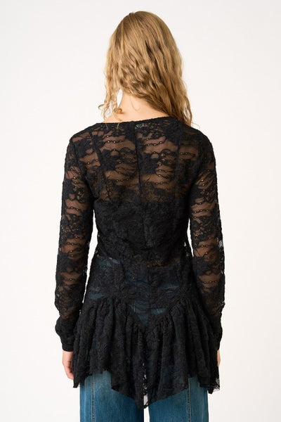 Ruffle Hem Sheer Lace Layering Top - Black