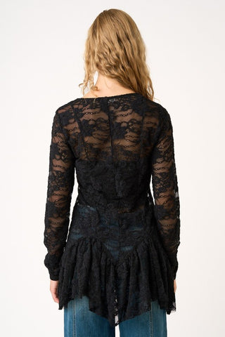 Ruffle Hem Sheer Lace Layering Top - Black