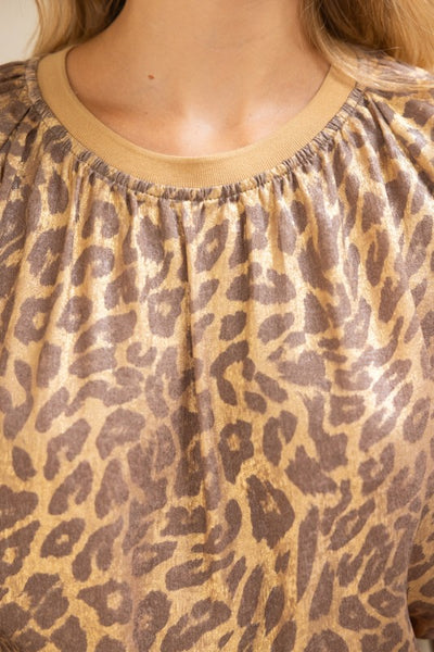 Raglan Puff Sleeve Metallic Animal Print Top